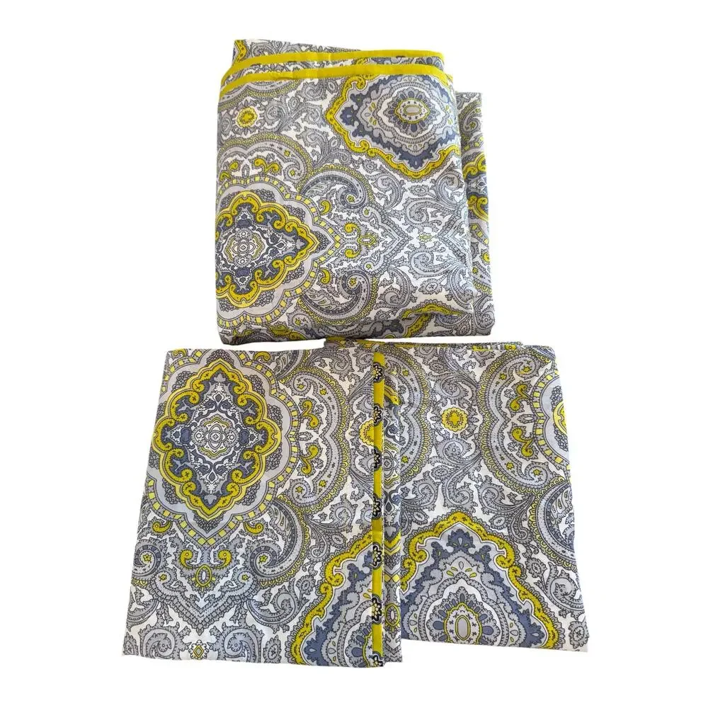 King Size Cotton Duvet Cover & Shams Gray Yellow Classic Medallion Print